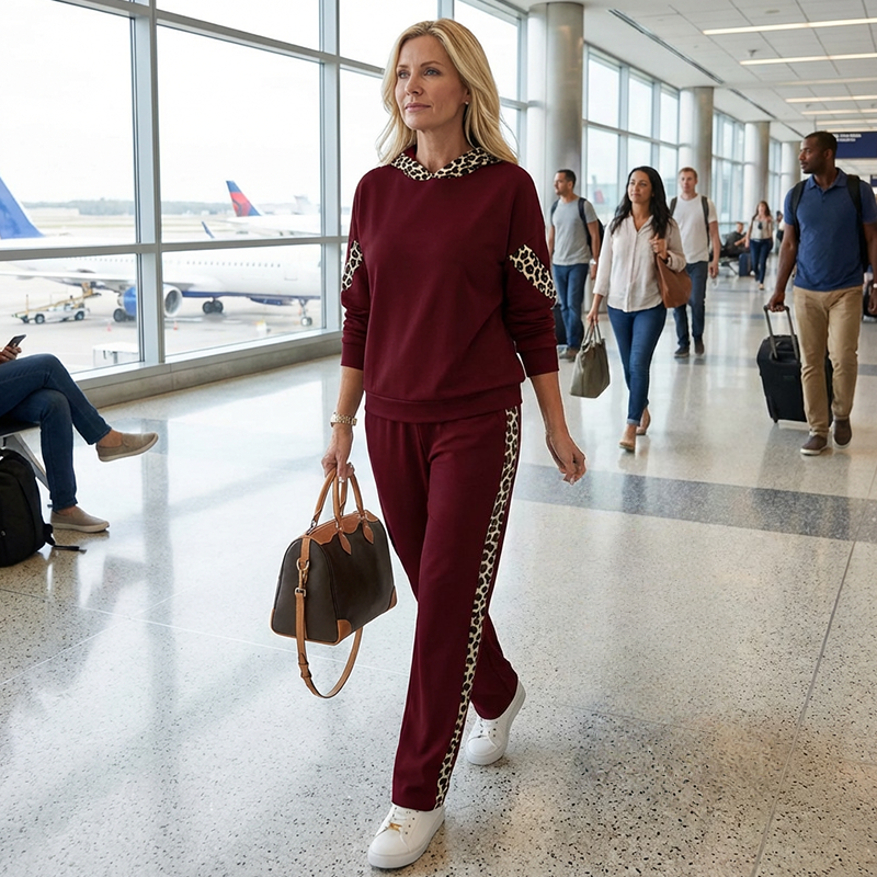 Women's Leopard Print Accent Tracksuit Set