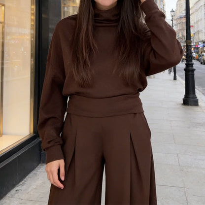 Women's Mock Neck Top & Wide-Leg Pants 2-Piece Set