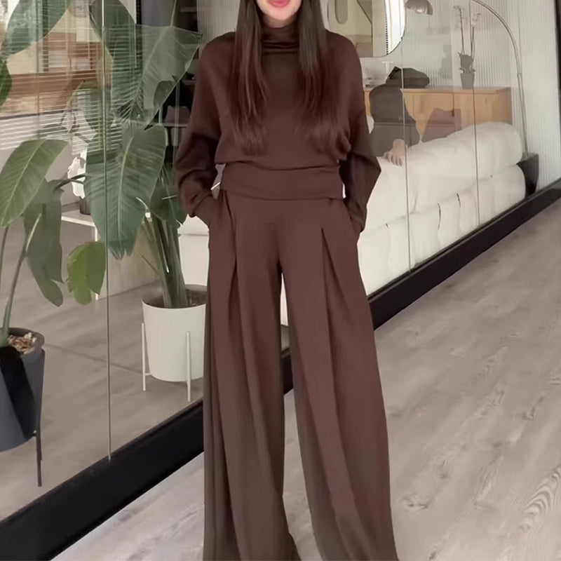 Women's Mock Neck Top & Wide-Leg Pants 2-Piece Set