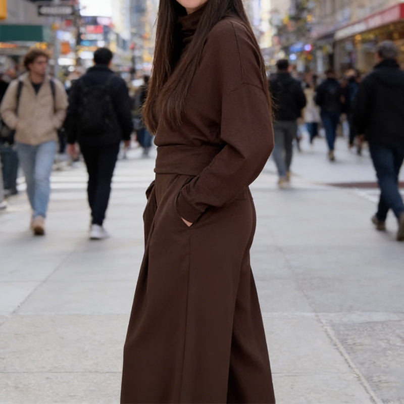 Women's Mock Neck Top & Wide-Leg Pants 2-Piece Set