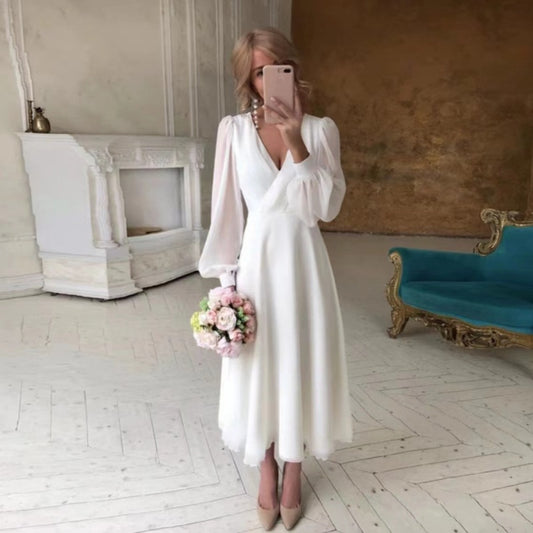 Women's Elegant V-Neck Bishop Sleeve A-Line Midi Dress