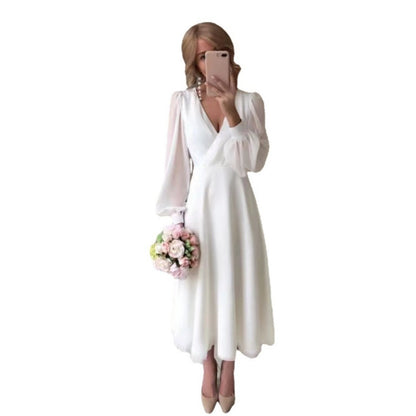 Women's Elegant V-Neck Bishop Sleeve A-Line Midi Dress