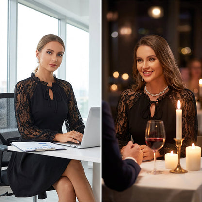 Elegant Lace Sleeve Dress with Adjustable Tie-Neck