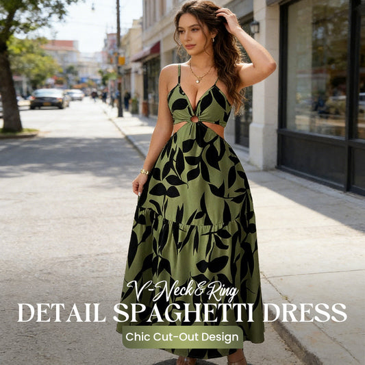 V-Neck & Ring Detail Spaghetti Dress