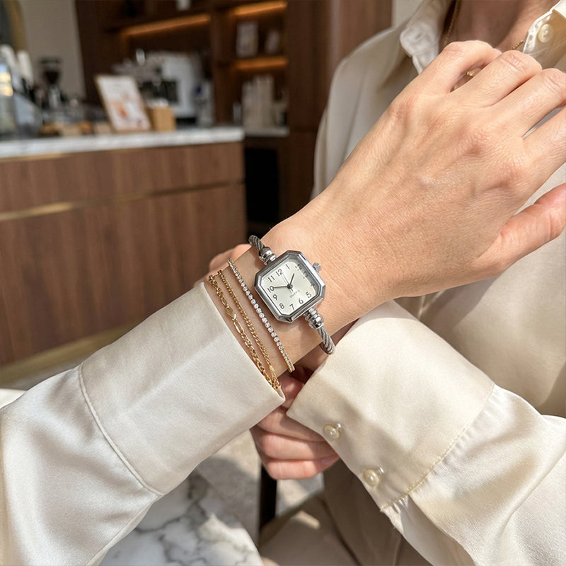 Chic Open-Cuff Bangle Watch with Square Dial