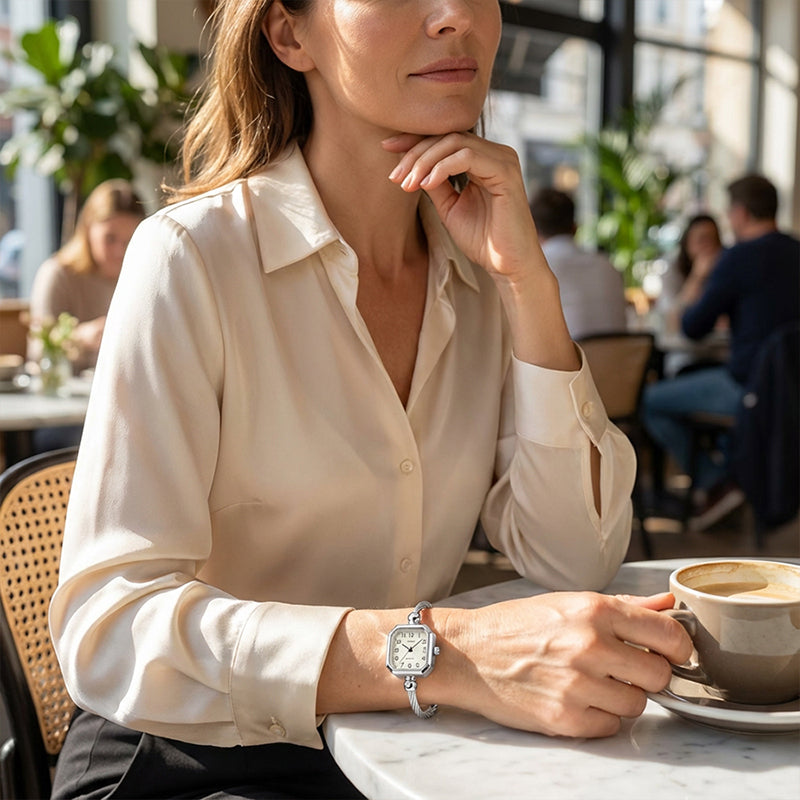 Chic Open-Cuff Bangle Watch with Square Dial