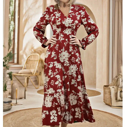 V-Neck Waist-Cinched Floral Printed Tiered Maxi Dress With Long Sleeves