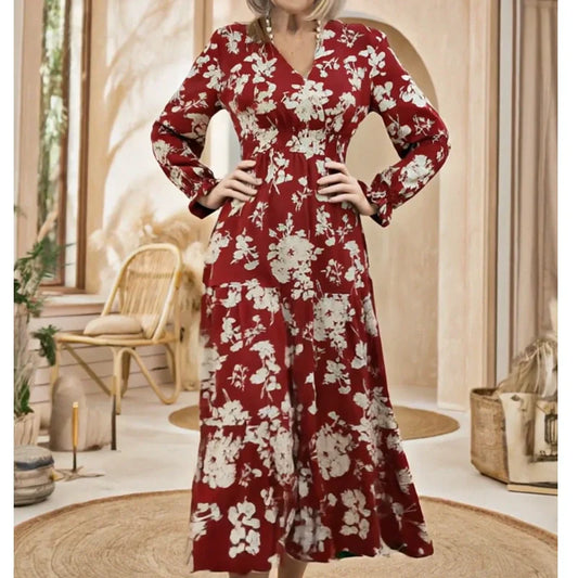 V-Neck Waist-Cinched Floral Printed Tiered Maxi Dress With Long Sleeves