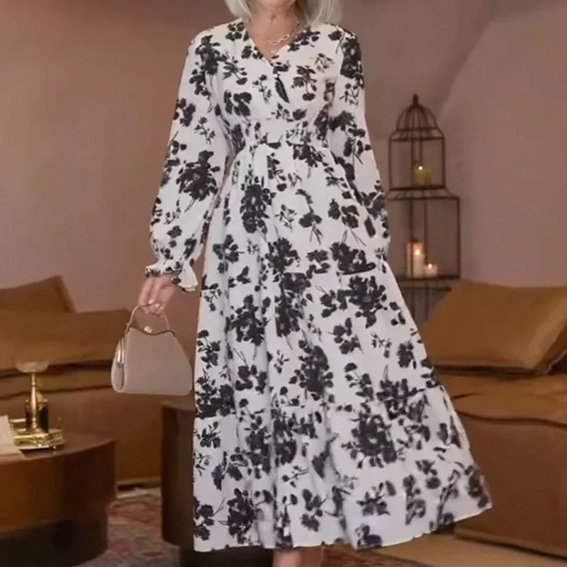 V-Neck Waist-Cinched Floral Printed Tiered Maxi Dress With Long Sleeves