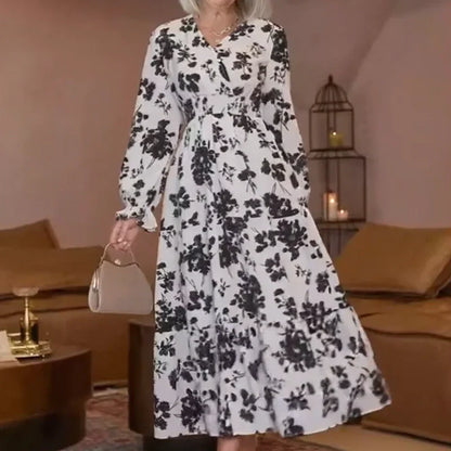 V-Neck Waist-Cinched Floral Printed Tiered Maxi Dress With Long Sleeves
