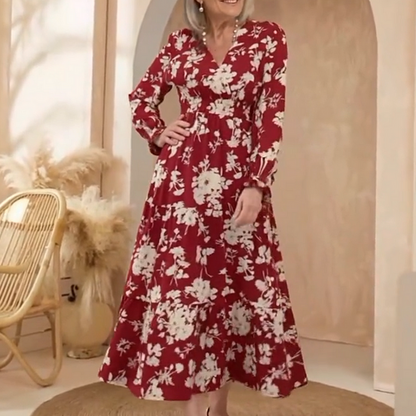 V-Neck Waist-Cinched Floral Printed Tiered Maxi Dress With Long Sleeves