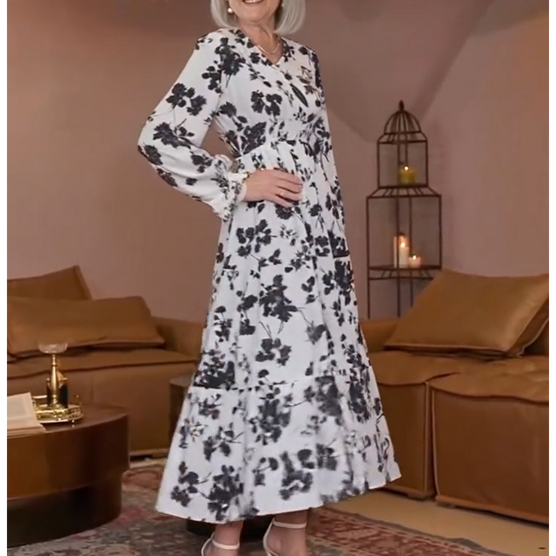 V-Neck Waist-Cinched Floral Printed Tiered Maxi Dress With Long Sleeves