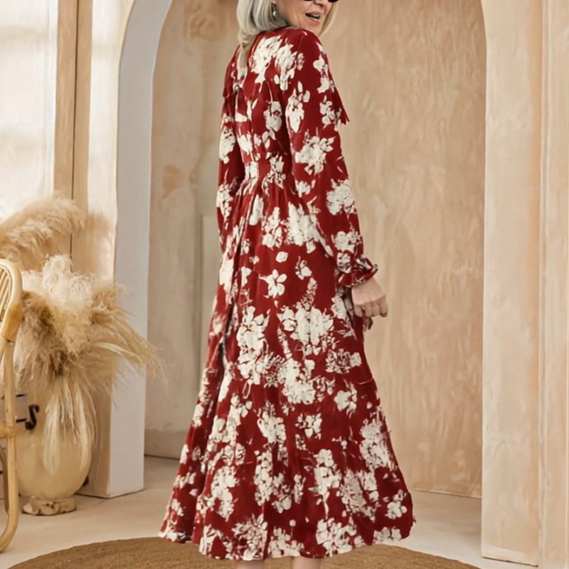 V-Neck Waist-Cinched Floral Printed Tiered Maxi Dress With Long Sleeves