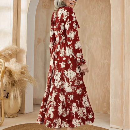 V-Neck Waist-Cinched Floral Printed Tiered Maxi Dress With Long Sleeves