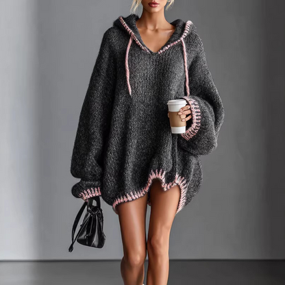 Women's Oversized V-Neck Knit Hoodie with Contrast Trim