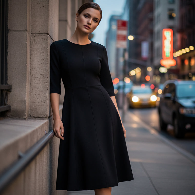 Elegant A-Line Knit Dress with Crew Neck