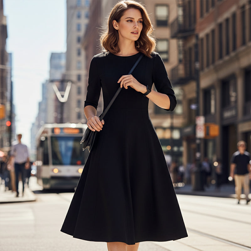 Elegant A-Line Knit Dress with Crew Neck