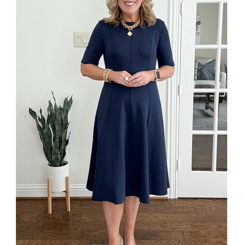 Elegant A-Line Knit Dress with Crew Neck