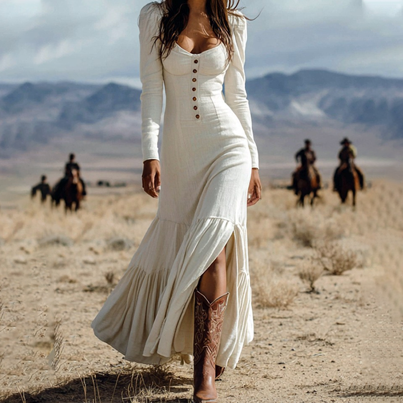 Women's Retro Square Neck Slit Maxi Dress
