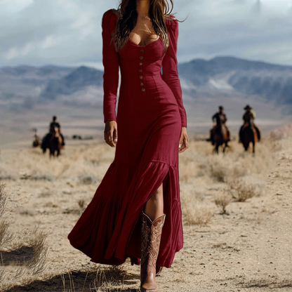 Women's Retro Square Neck Slit Maxi Dress