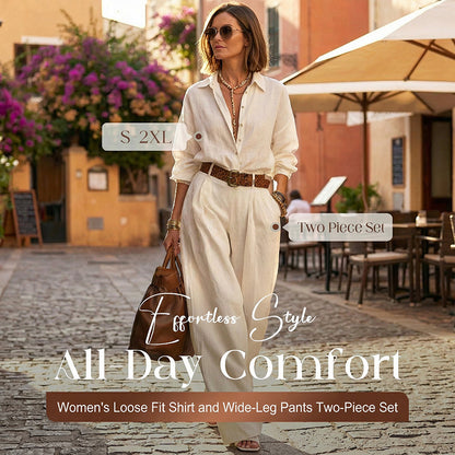 🔥🎁New arrival 49% OFF💥Women's Loose Fit Shirt & Wide-Leg Pants Two-Piece Set