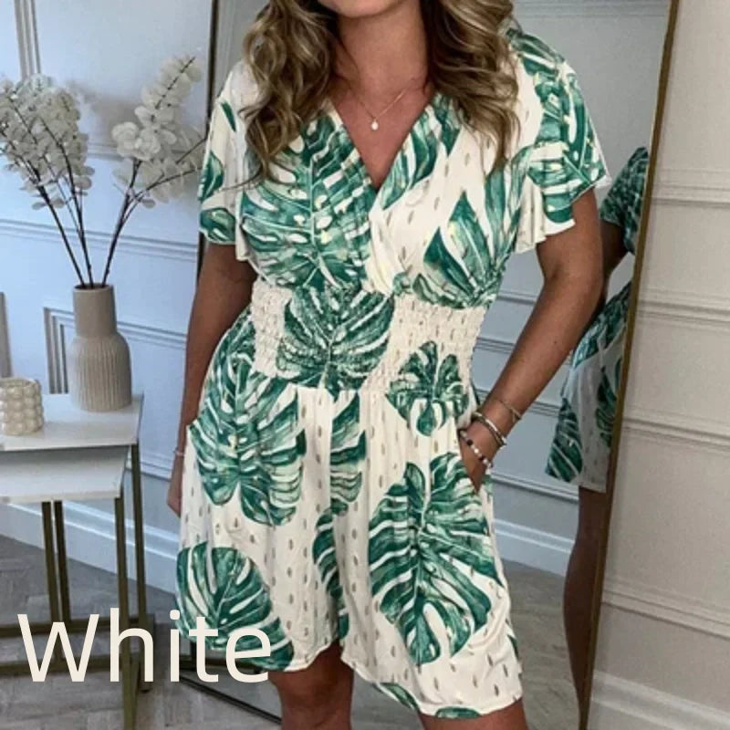Women's Casual V-Neck Leaf Print Romper with Pockets