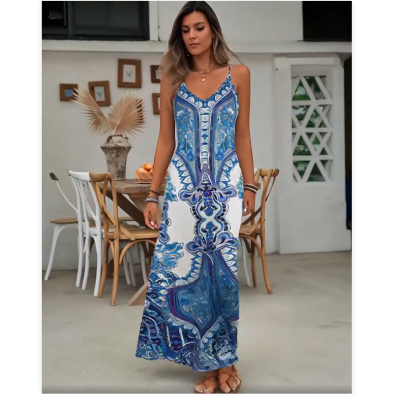 Women’s Retro Print V-Neck Sleeveless Maxi Dress
