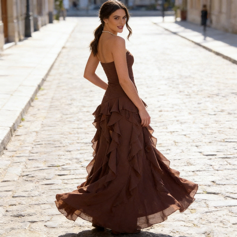 Strapless Ruffle High-Slit Maxi Dress