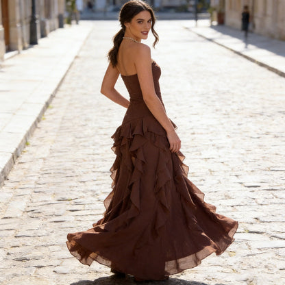Strapless Ruffle High-Slit Maxi Dress