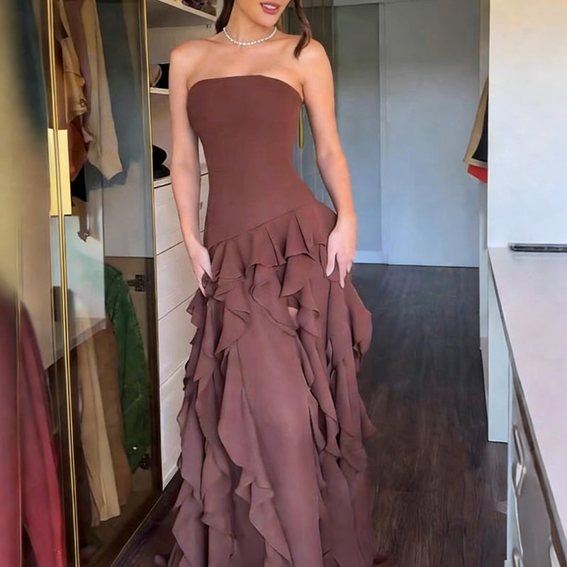 Strapless Ruffle High-Slit Maxi Dress