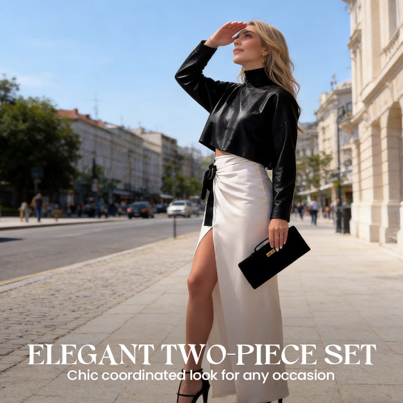 Elegant Mock Neck Top & High Slit Skirt Set