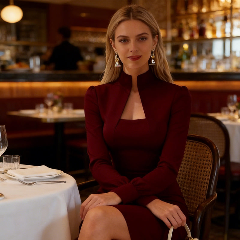 Women's High Neck Long Sleeve Bodycon Knee-Length Dress