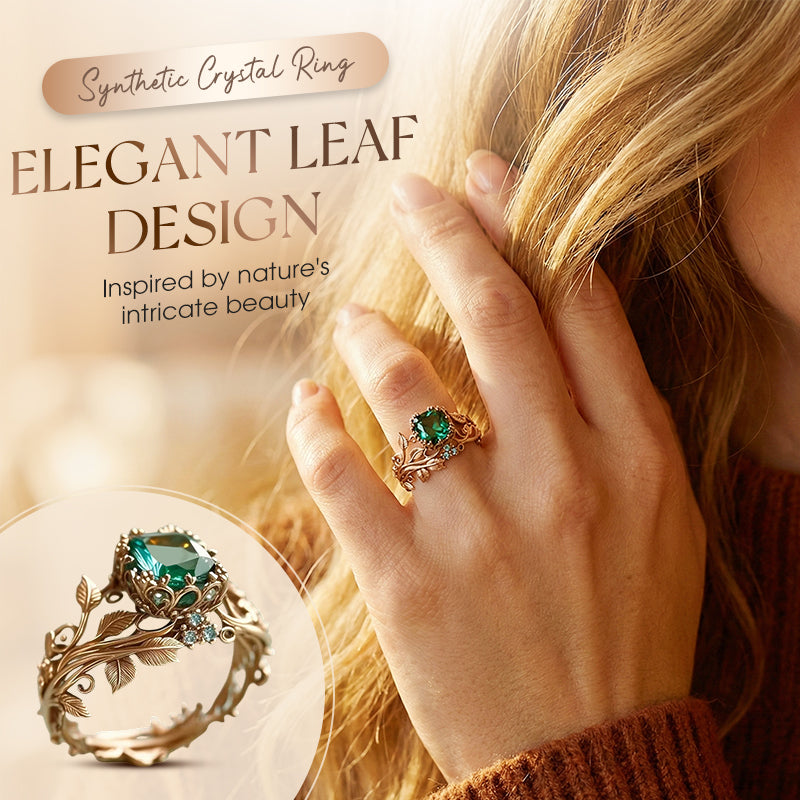 🔥🎁New arrival 50% OFF💥Green Synthetic Crystal Ring with Intricate Leaf