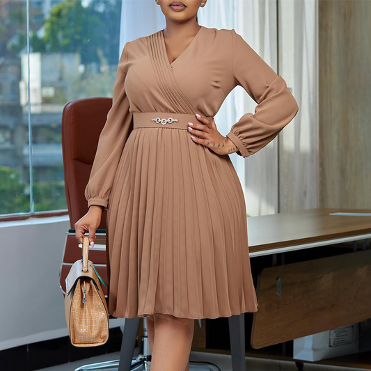Elegant V-Neck Pleated Midi Dress with Belt