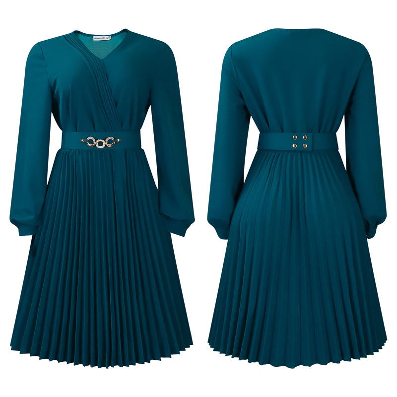 Elegant V-Neck Pleated Midi Dress with Belt