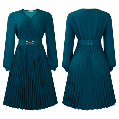 Elegant V-Neck Pleated Midi Dress with Belt