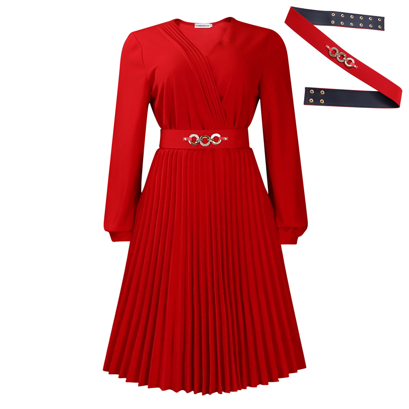 Elegant V-Neck Pleated Midi Dress with Belt
