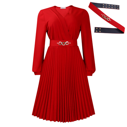 Elegant V-Neck Pleated Midi Dress with Belt
