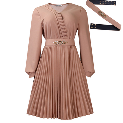 Elegant V-Neck Pleated Midi Dress with Belt