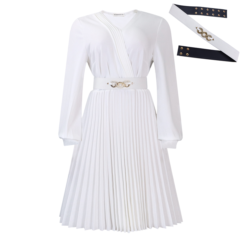 Elegant V-Neck Pleated Midi Dress with Belt
