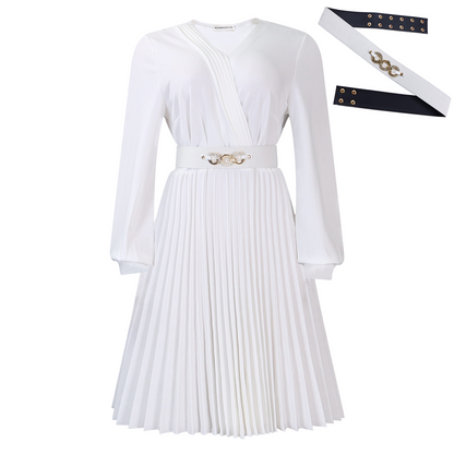 Elegant V-Neck Pleated Midi Dress with Belt