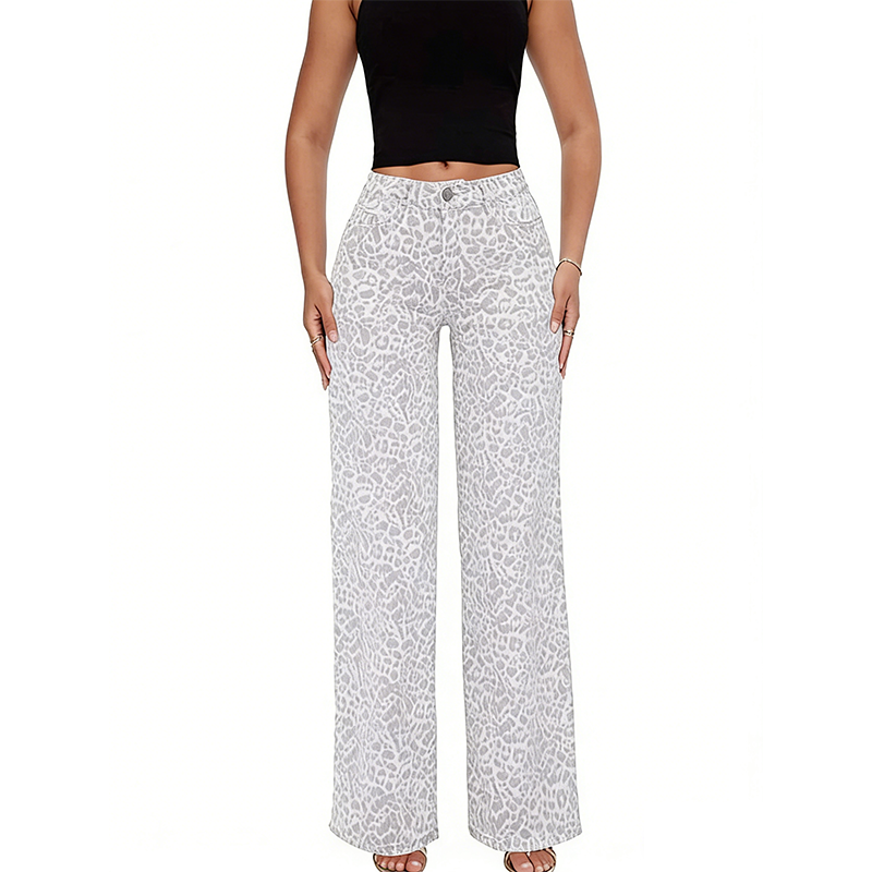 Women's Leopard Print High-Waist Wide-Leg Jeans