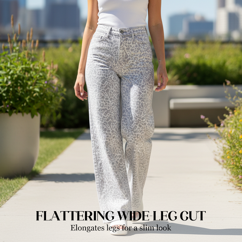 Women's Leopard Print High-Waist Wide-Leg Jeans
