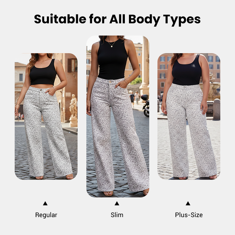 Women's Leopard Print High-Waist Wide-Leg Jeans