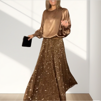 Women's Long Sleeve Top & Sequin Maxi Skirt Two-Piece Set