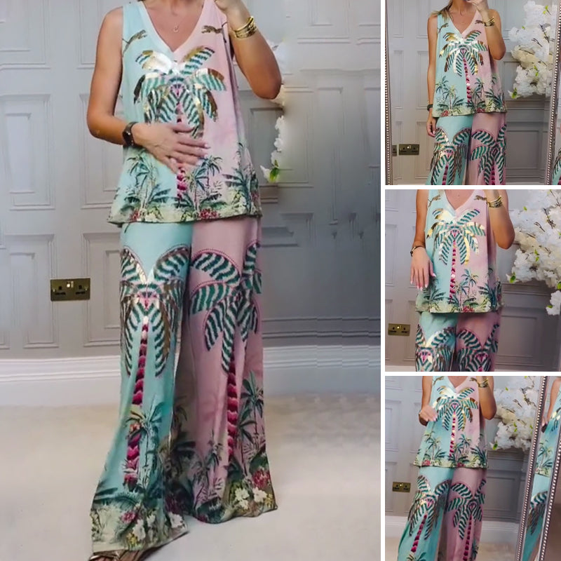 Coconut Tree Print Tank Top & Pants Set