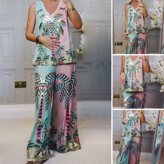 Coconut Tree Print Tank Top & Pants Set