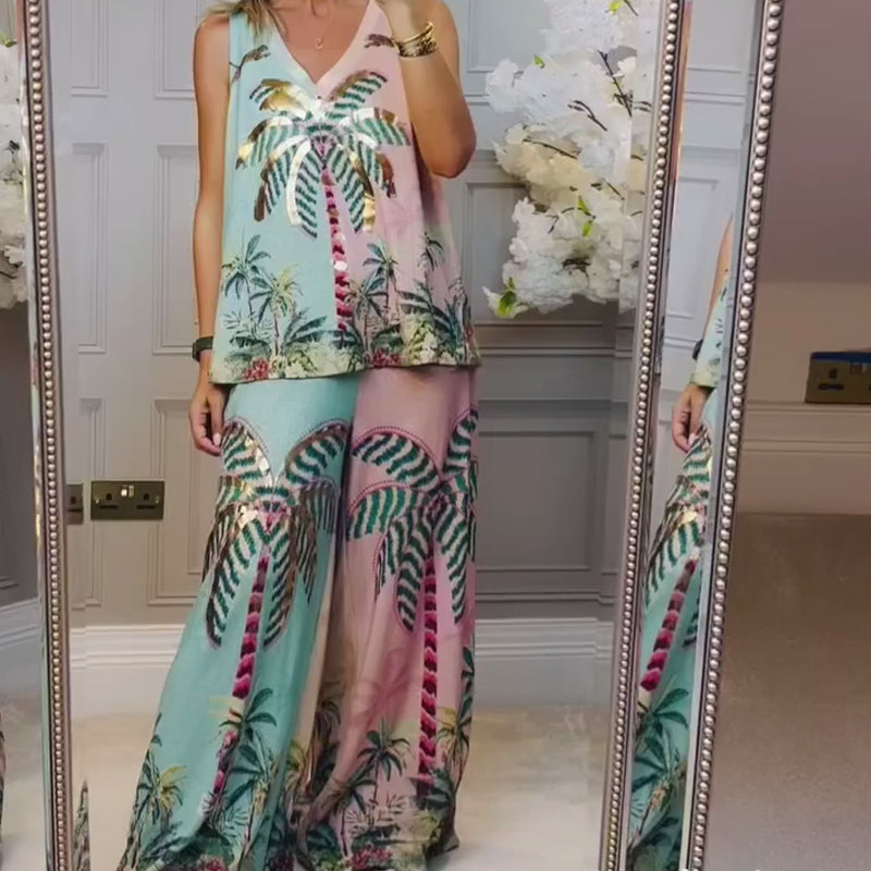Coconut Tree Print Tank Top & Pants Set