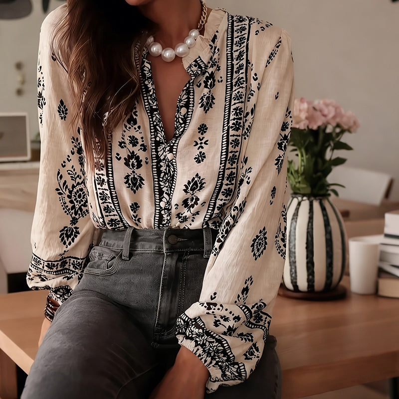 Women’s Boho Lantern-Sleeve Ruffled Blouse