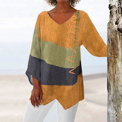 Women's Elegant Casual V-Neck Long Sleeve Artistic Pattern Print Top